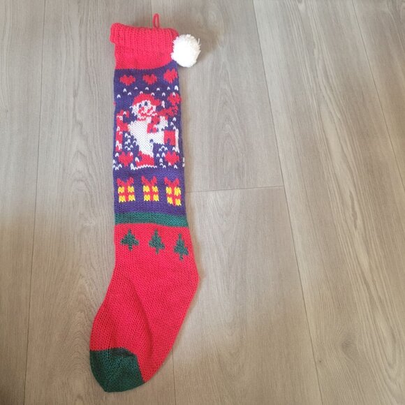 Vintage Hand Knit Christmas Stocking With Santa & Trees Design - Picture 1 of 6